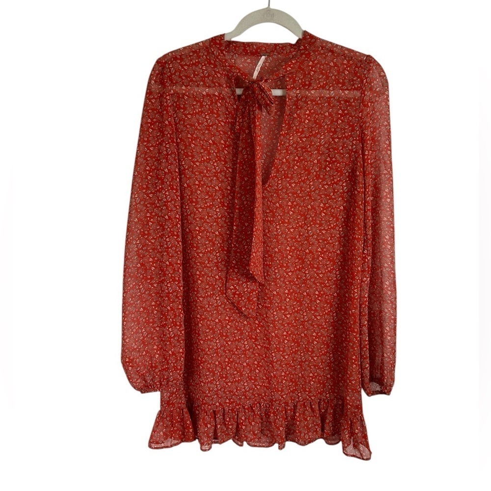 Free People Red Floral Sheer Shift Mini Dress Ruffle Hem Women’s Sz Small